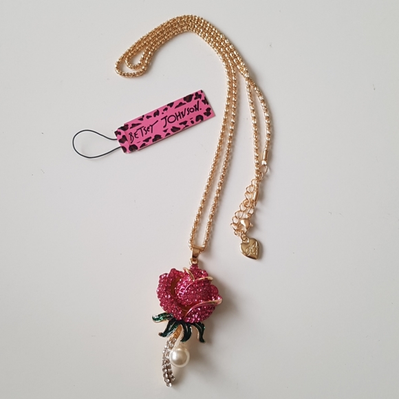 Betsey Johnson Style Necklace Crystal Rose Pendant Chain with Pearl - Picture 14 of 15